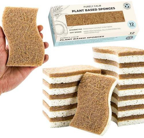 Purely Calm Plant Based Natural Sponge - Pack of 12 Cellulose Sponges, Safe on Non-Stick Cookware, Dual Sided Dish Sponge for Washing Dishes, Kitchen and Household