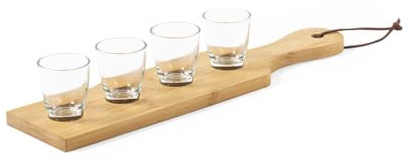 Portavasos Shot de madera de bambú – Porta vasos de madera con 4 vasos de chupito de cristal de 30 ml y asa para el transporte, bandeja para cócteles, licores, amargos, digestivos, coñac