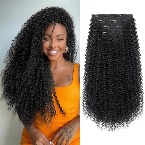 FLUFYMOOZ Clip in Hair Extensions, 20 4PC 100％ Pure Protein Silk Hair Extensions for Black White Women Long Soft Curly Hair Extension Hairpiece(Black)