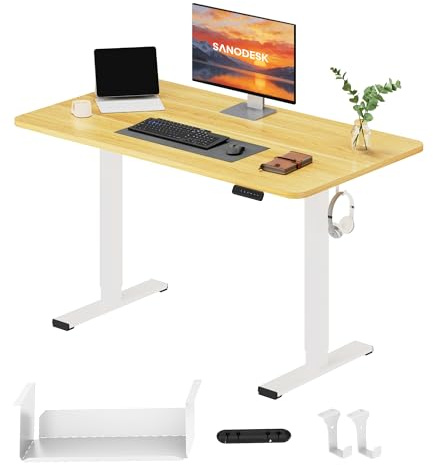 SANODESK Höhenverstellbarer Schreibtisch elektrisch 120x60 cm | mit einteiliger Tischplatte, kompakter Bürotisch für Homeoffice, ergonomischer Sitz-Steh-Schreibtisch mit Arbeitsfläche Ahorn