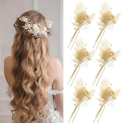 6 Stück Haarnadeln Blumen Hochzeit Braut Haarschmuck Gemischte Blumen Haarspange U-förmig Haarklammer Klein Blüte Brautschmuck Kommunion Taufe DIY Kopfschmuck Weiß für Damen Mädchen