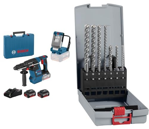Bosch Professional 18V System Akku Bohrhammer GBH 18V-26 F & Akku Leuchte GLI VariLED (Akku, Ladegerät) + 7x PRO SDS plus-5X Hammerbohrer-Set (für Beton, Kalk- und Sandsteine, Ø 5-12 mm)