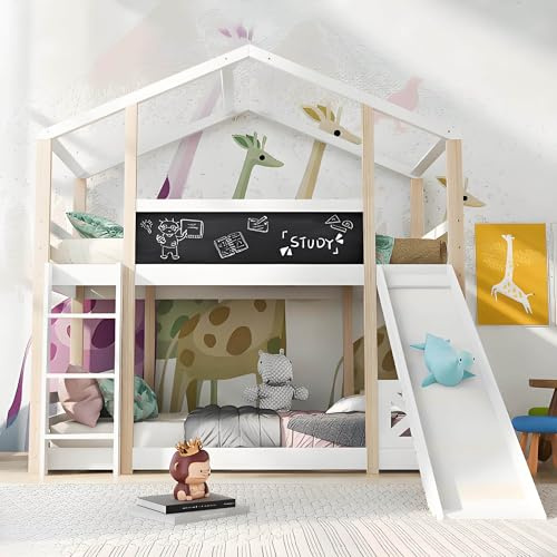 Litera Infantil De 90 X 200 Cm, Cama Treehouse Infantil Con Tobogán Y Escalera, Cama Alta De Madera, Cama Juvenil, Litera Tipo Casita Con Barandilla De Seguridad, Natural Y Blanco, Sin Colchón
