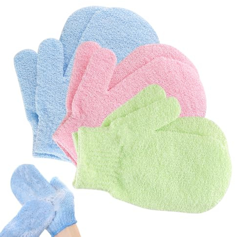 Exfoliating Gloves, 6pcs Bath and Body Exfoliator Mitts, Bamboo Shower Gloves, Scrubs Away Ingrown Hair and Dead Skin, for Shower, Spa, Massage and Dead Skin Cell Remover Loofah (Pink, Blue, Green)