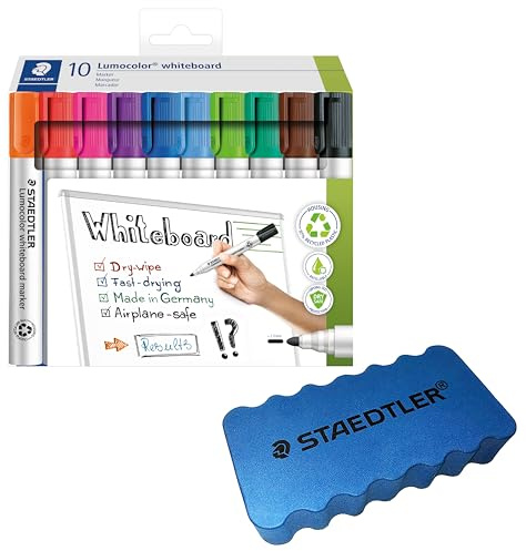 STAEDTLER whiteboard Marker Lumocolor, Linienbreite ca. 2,00 mm, schnelltrocknend, geruchsarm, lange Lebensdauer, blockierte Spitze (Whiteboardmarker Lumocolor 10St Etu & Löscher)