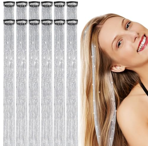 12 Stück Silberne Glitzer Haarsträhnen, Hair Tinsel Zum Einklipsen, Glitzersträhnen für Haare - Wiederverwendbare Tinsel Hair & Haar Lametta für Damen Kinder Festival