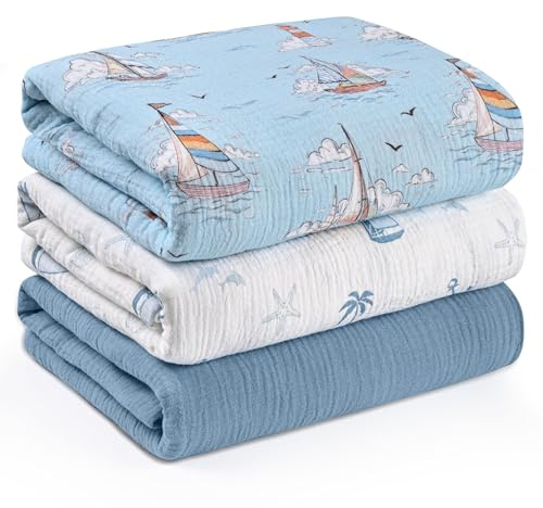 Soarwg Barn muslin linda filtar – liten navigatörs loggtryck, 3-pack stora 95 x 100 cm baby swaddle dukar, andningsbara muslinwrap och rapdukar för nyfödda spädbarn