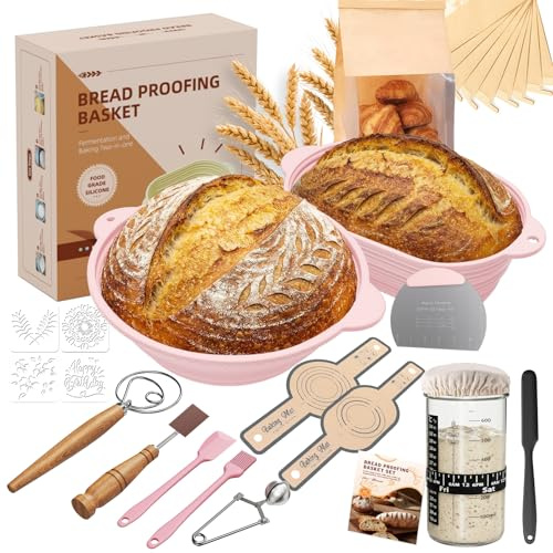 MQUPIN 30Pcs Sourdough Starter Kit, Foldable Silicone Banneton Proofing Basket Round & Oval, 730ml Sourdough Starter Jar, Complete Bread Making Accessories for Home Beginner Bakers