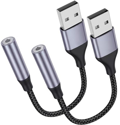 HOYAWU Paquete de 2 adaptadores de audio USB a conector de 3,5 mm, tarjeta de sonido externa, adaptador USB a auxiliar compatible con micrófono, compatible con auriculares, laptop, PC, Linux, PS4, PS5