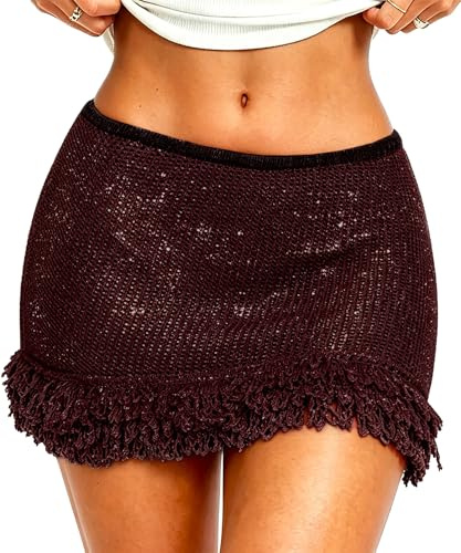 Navneet Minigonna sexy da donna con frange a maglia con paillettes, gonna per feste, festival, abbigliamento estivo, Gonna Marrone Lavorato a Maglia, S