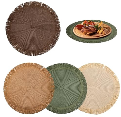 4 Pezzi 38 cm Tovagliette Rotonde Intrecciate | Stile Boemo Sotto Piatti da Tavola con Nappine, Antiscottatura e Antiscivolo Sottopiatto per Matrimoni, Banchetti, Cucina