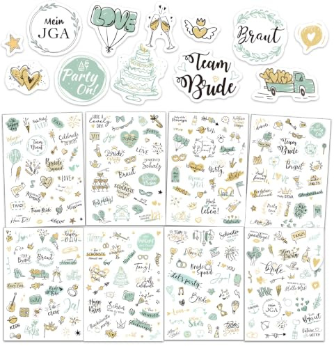 DOORIO JGA Aufkleber Sticker Hochzeit Gästebuch 300+ Motive Aufkleber für Album Fotoalbum Fotobuch Scrapbooking JGA Sticker zum Kleben Junggesellinnenabschied Wedding Deko Goldgrün