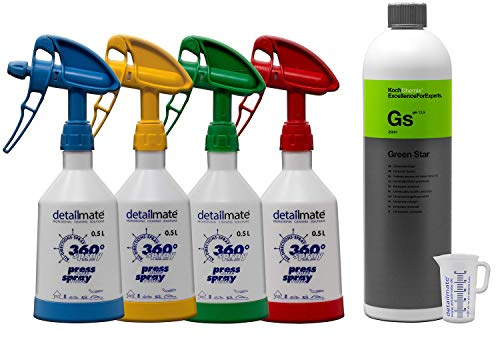 4 Stück Kwazar Mercury Super PRO+ 360 Grad VITON Sprühflasche 0,5 Liter + 1 Liter KOCH Chemie Green Star Universalreiniger + Detailmate 50ml Messbecher