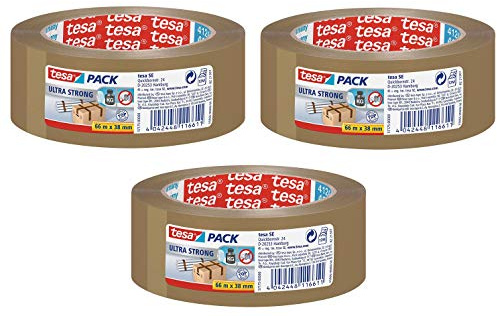 tesa Ultra Strong Packband, aus PVC mit besonders starker Klebekraft 3 Rollen (Braun, 66m x 38mm)