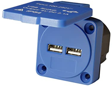 HOLZER USB Ladesteckdose Anbausteckdose mit 2x Ports, Eingangsspannung 230V & Ports 5V / 2,1A, für Außenbereich & Innenbereich mit Deckel - IP54