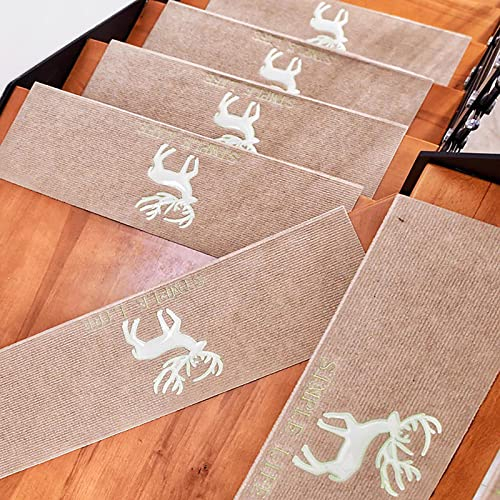 JSSEVN Treppenmatte, modern, einfach, Massivholz, klebefrei, selbstklebend, Polyester-Matten, Haus, leuchtende Treppenstufenmatten mit nordischem Hirsch-Muster (helles Kaffee, 15 Stück, 70 x 21,8 cm)