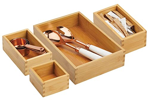 mDesign Aufbewahrungsbox für die Küche – Schubladenbox aus Bambus in verschiedenen Größen – stapelbarer Schubladen Organizer für Besteck und Küchenutensilien – 4er-Set – naturfarben
