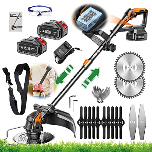 Decespugliatore a Batteria Tagliabordi a Batteria, 3 in 1 Tagliaerba Elettrico Senza Filo, Indicatore di Potenza a LED, Tagliaerba a Batteria con 2 Batteria, per Prato, Giardino, Nero e Arancione