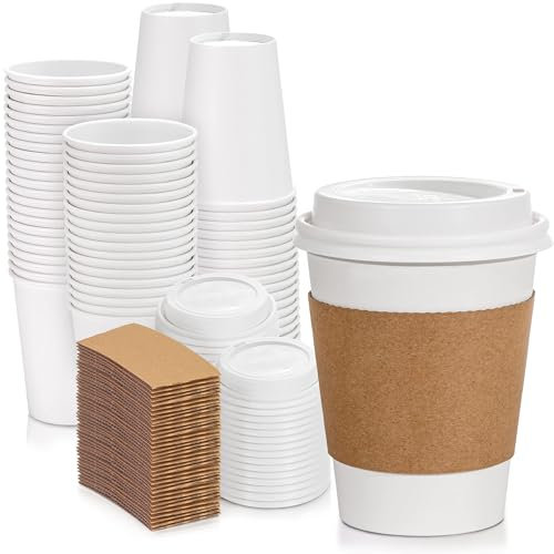 Fit Meal Prep 100 Pack 12 oz Disposable Coffee Cups with Lids, Sleeves, Leak-Proof To Go Coffee Cups with Lids, Durable Hot Paper Cups for Hot Cocoa and Coffee Bar Supplies