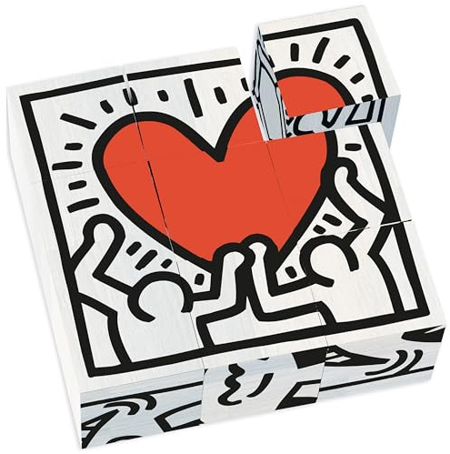 Set mit 9 Würfeln Keith Haring Mehrfarbig aus Holz zum Stapeln für Kinder | Spielerisches Stapeln und Stecken -grafisches buntes Design -fördert Motorik und Geschicklichkeit -clevere Geschenkidee