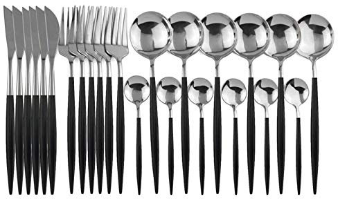 24 stücke Weißgold Geschirr Set Edelstahl Messer Gabel Löffel Besteck Set Küche Geschirr Set Flatware Set essgeschirr (Color : 24Pcs Black Silver)