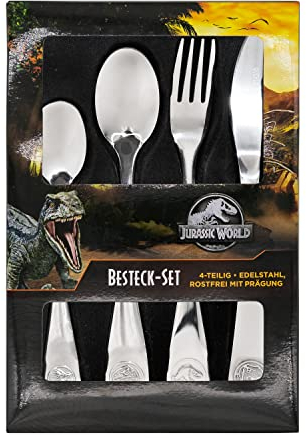 Jurassic World Bambini, 4 Pezzi con Impronte di Dino, Set di Posate in Acciaio Inox con Coltello, Forchetta, Minestra e Cucchiaio da Dessert, Colore Silver, 20,5x14x3cm, 10138226