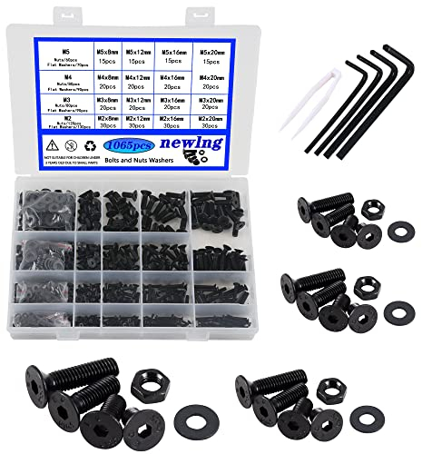 newlng 1065pcs M2 M3 M4 M5 Schrauben Set Kohlenstoffstahl Schwarz Schrauben und Muttern Unterlegscheiben set Senkkopfschrauben mit Schraubenschlüssel