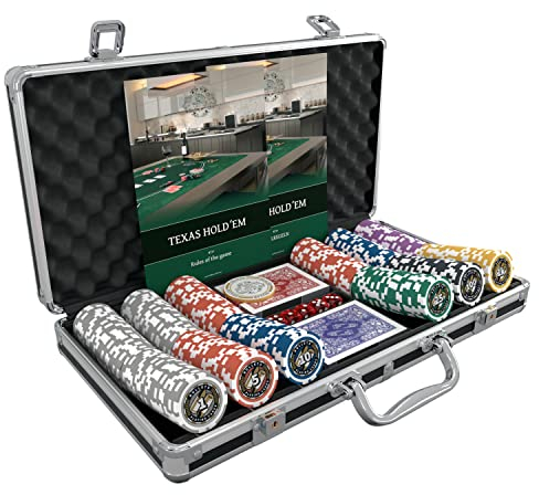 Bullets Playing Cards | Pokerkoffer Deluxe „Christopher“ mit 300 Plastik Pokerchips 12g | Pokerset mit Karten, Würfeln, Dealer Button & Regeln für Texas Holdem