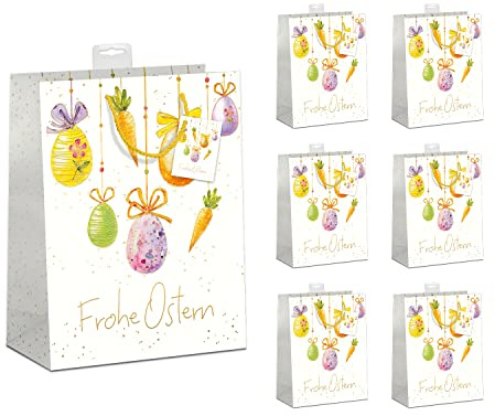 PremiumLine Geschenktaschen Ostern 6 Stück edle Geschenktüten Papier Tragetasche DIN A5 Geschenkbeutel mit farbiger Kordel und Namenskarte (Medium 18x23x10cm, Frohe Ostern)
