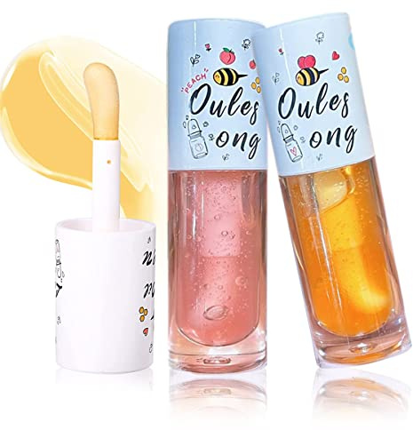 Pakivs 2Pcs Plumping Lip Oil Set,Hydrating Lip Gloss Peach Honey Lip Oil Long Lasting Moisturizing Lip Balm pour éclaircir les lignes des lèvres