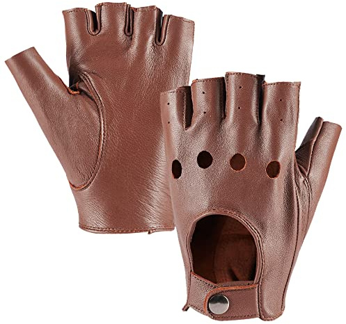 MGGMOKAY Mens Fingerless Leather Driving Gloves Half Finger Sheepskin Unlined Gloves Punk
