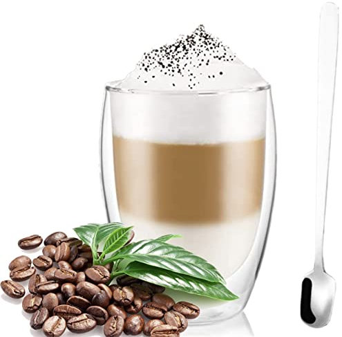 R&SB 350ml Double Walled Glass Coffee Mug, Cappuccino Latte Macchiato Tea Milk Glass Cups Heat Resistant Cup (Without Handle), with a Stainless Steel Spoon