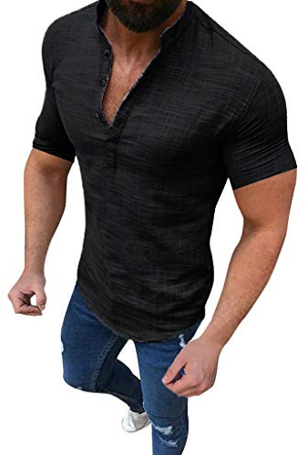 T Shirt Herren Leinen Sweatshirt Henley Kurzarm Shirts Sommer Slim Fit Freizeit Günstig Kleider Basic Vintage Sport T-Shirt Kleidung Clothes Outfits Schwarz XL