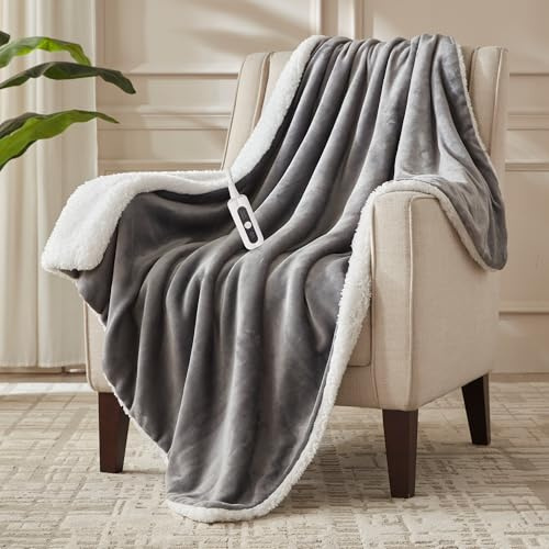 SNUGSUN Heated Blanket Throw Size, Soft and Cozy Electric Heating Blanket for Bed, Automatic Safety System 6 Heating Levels & 4 Hours Auto-Off Gift for Grandma,50 x 60 London Grey