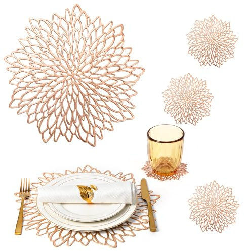 Placemats Set of 8 Charger Plates Place Mats Rose Gold Round Placemats & 8 Pcs Coasters Table Mats Modern Holiday Wipeable Vinyl Placemats Farmhouse Christmas Wedding Dining Table Decor Setting