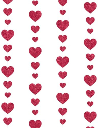 Pargleev Glitter Valentines Decorations Shining Red Hearts Hanging String Garland Decorations Engagement Wedding Party Pre-Assembled