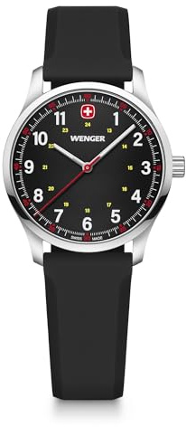 WENGER Damen Armbanduhr City Sport Ø 34 mm, Swiss Made, Analog Quarz, Wasserdicht bis 50 m, Silikon-Armband, Schwarz, 01.1421.127