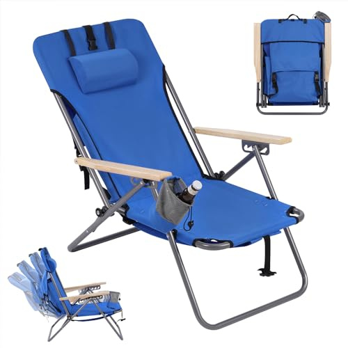 WOLTU Strandstuhl Klappbar Leicht, Klappstuhl Strand, Campingstuhl faltbar, Rückenlehne 4-stufig verstellbar, Angelstuhl, Camping Stuhl, Strandliege, mit Kopfstütze, Klappsessel, Seitentasche, Blau