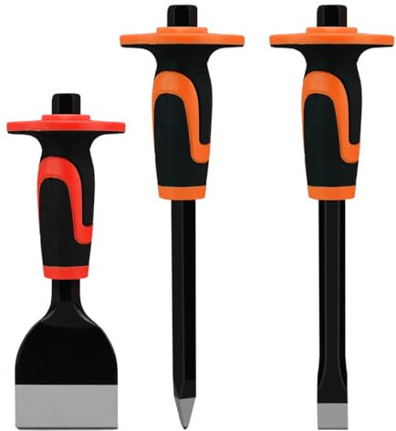 Airless SJG Set di 3 Scalpelli Scalpello Piatto Muratore, mattoni e pietre,Muratore Piatto con Paracolpo,Scalpello da Muratore Piastrelle