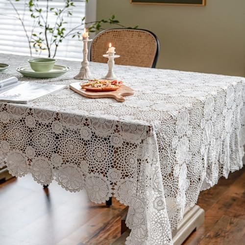 FAWFCJD Tovaglia in Pizzo Bianco Tovaglia Fatta A Mano all'Uncinetto Shabby Tovaglia con Fiori Circolari Bianchi Tovaglia Romantica Rettangolare Tovaglia Pizzo Bianco Sovrapposizioni(130 * 240cm)