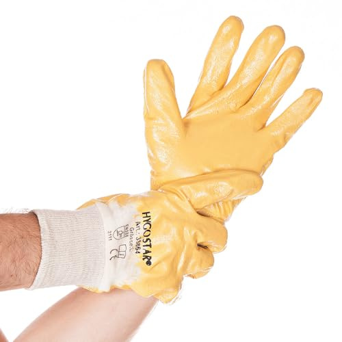 FRANZ MENSCH Hygostar Arbeitshandschuhe Nitril Grip | Nitril-Beschichtung, Box, nature-yellow, 11/XXL, 27cm, 12 Paar, Nitrilhandschuhe, Gartenhandschuhe Packung 11/XXL 27cm natur-gelb