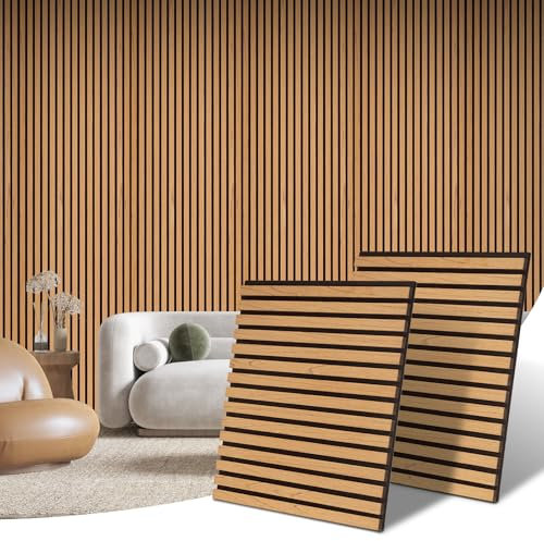 DOLLAR BOSS Ultra-acoustic Wood Slat Panels for Wall 2 Pcs 23.6 x 23.6 Sound Absorbing Wall Panels with Soundproof Barrier, 3D Fluted Wood Finish Wall Paneling, Oak