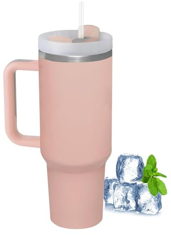 LOITTAINUE Gobelet isotherme avec paille et anse - 1180 ml - Tasse à café à emporter - Avec couvercle - Double paroi en acier inoxydable - Portable - Pour boissons froides et chaudes (rose)