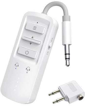 YOCOWOCO Flugzeug Bluetooth Adapter für 2 AirPods oder Kopfhörer, weiß | 2 in 1 Bluetooth 5.2 Transmitter Empfänger mit 3,5 mm AUX Klinke für Flugreisen, TV, Fitnessstudio, Stereoanlage und Auto