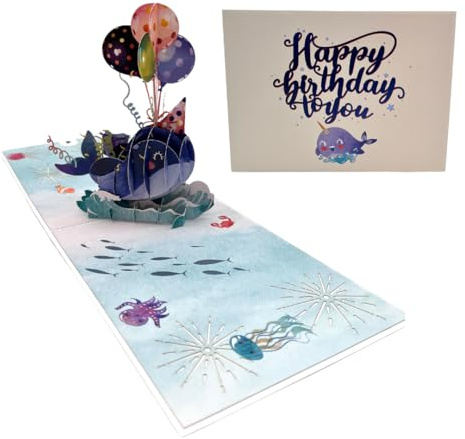 Happy Birthday Wal mit Geburtstagsballoons 3D Pop-Up Karte Grußkarte Geburtstagskarte Kindergeburtstag fröhliche Karte mit Tieren Tierkarte