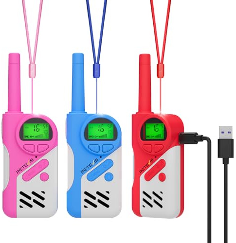 Retevis EZTalk 670 Walkie Talkie Bambini Ricaricabili, Modalità Sicura Walkie-Talkie Bambini, Torcia, VOX, Regali, Portatile Giocattoli da Esterno per Bambine Ragazzi di 6-13 Anni (3 Pezzi)