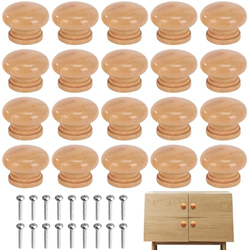 YZDZSW 20pcs Drawer Knobs Wooden, 3.3x2.4cm Drawer Handles Round, Cupboard Knobs with Screws for Cabinet Kitchen Wardrobe