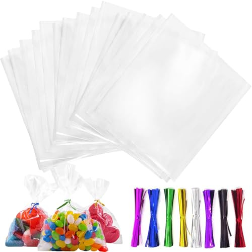 NJCXOLA 100 Stück Durchsichtige Cellophantüten 8x19 cm Süßigkeiten Geschenkbeutel mit 100 bunten Krawatten Geeignet klarsichttüten für Süssigkeit Chocolate Brot, Kekstüten Transparent Gebäcktüten