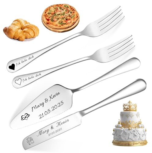 Tortenheber Hochzeit Personalisiert mit Tortenmesser - Gravur Namen & Text | Edelstahl Kuchenschneider Set für Hochzeit, Jubiläum, Geburtstag (Silber)