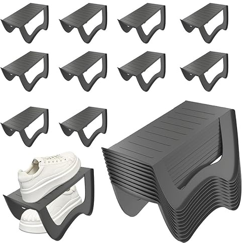 AufuN 10 stycken halkfria skoblockare skoslitsar PP halkfria skohållare skohylla platsbesparande skoförvaring skoförvaring dubbelskikt skoförvaring skåp 25 x 14,5 x 14 cm, grå